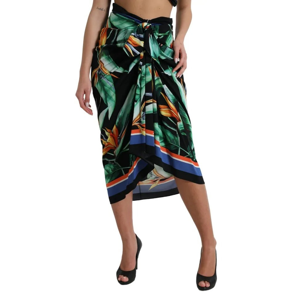 Dolce & Gabbana Schwarzer Strelitzia Wickel-Midi-Rock mit hoher Taille