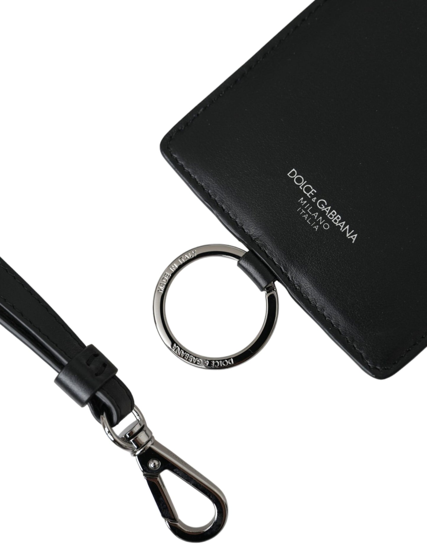 Dolce &amp; Gabbana Black Calfskin Lanyard Logo Card Holder Men Wallet