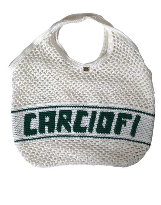 Dolce &amp; Gabbana White Green Knitted Cotton Logo Tote Bag