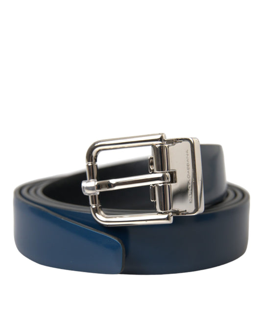 Dolce &amp; Gabbana Blue Calfskin Silver Metal Buckle Belt Men