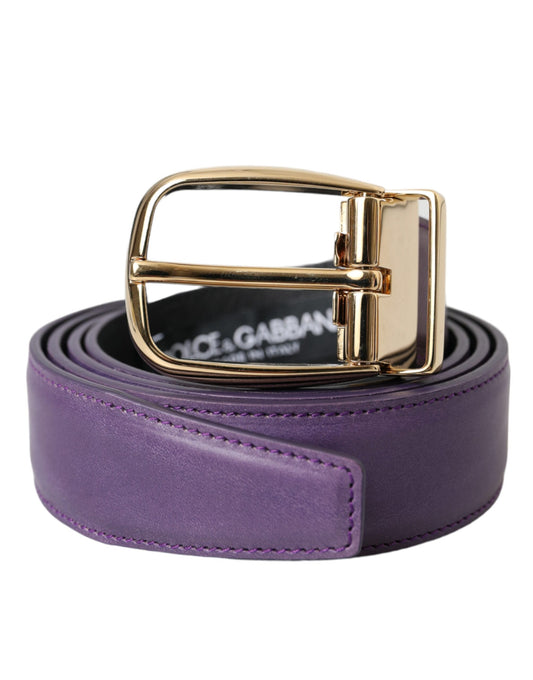 Dolce &amp; Gabbana Purple Leather Gold Metal Buckle Belt Men