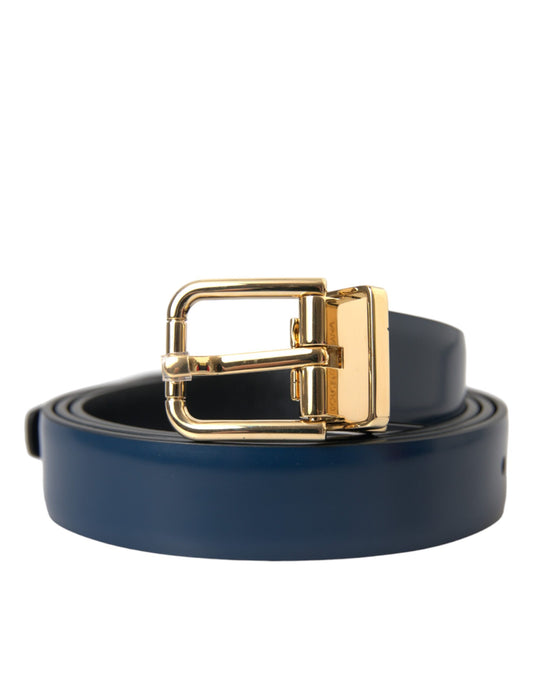 Dolce & Gabbana Blaues Kalbsleder Gold Metallschnalle Gürtel Männer