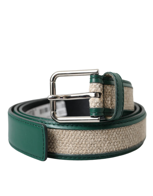 Dolce &amp; Gabbana Green-Beige Leather Braided Metal Buckle Belt