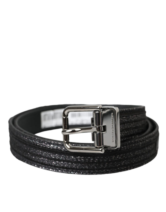 Dolce &amp; Gabbana Black Jacquard Stripe Belt with Silver Metal Buckle