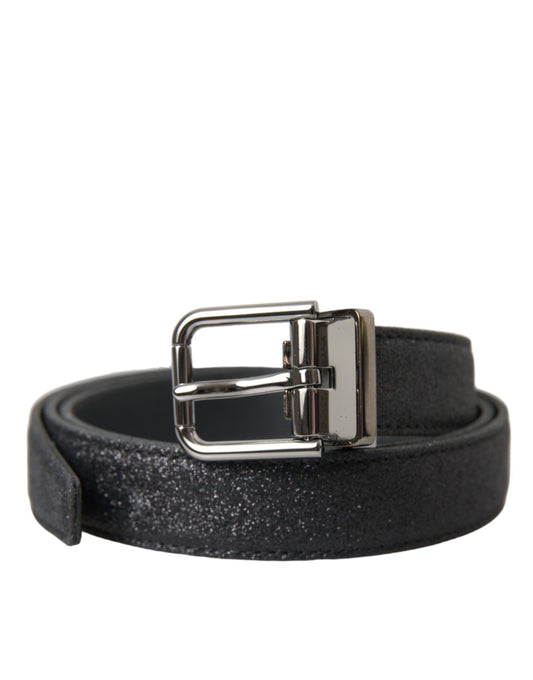 Dolce &amp; Gabbana Black Glitter Leather Belt with Silver Buckle