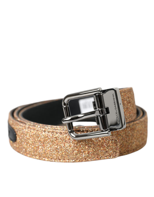 Dolce &amp; Gabbana Gold Glitter Leather Silver Metal Buckle Belt