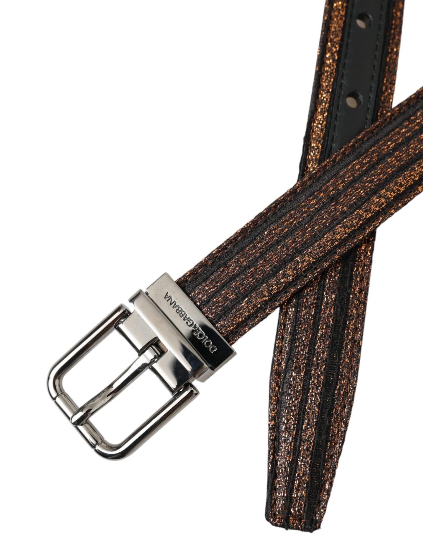 Dolce &amp; Gabbana Gold-tone jacquard stripe belt with silver metal buckle