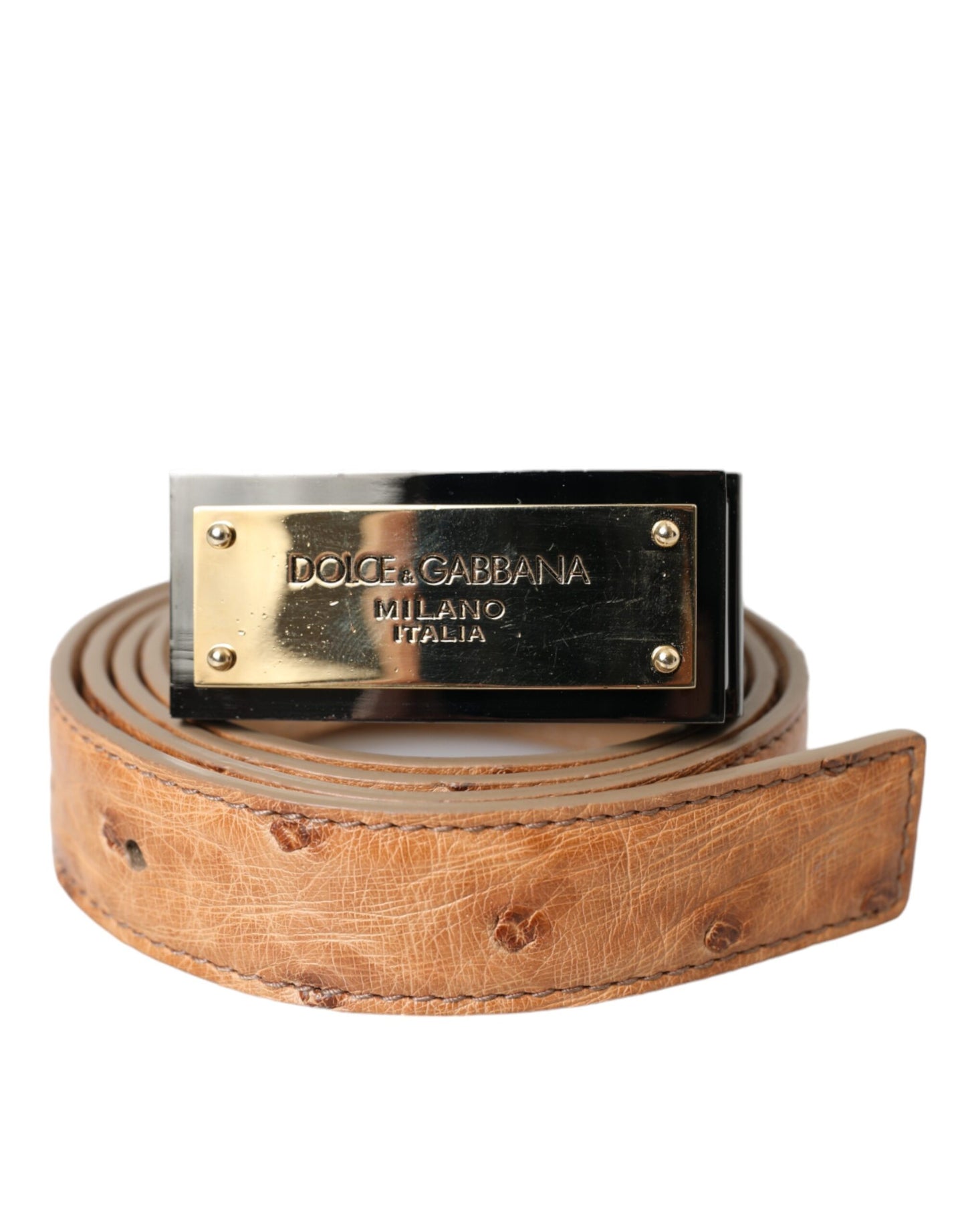 Dolce & Gabbana Beige Leder Gold Logo Gravierte Schnalle Gürtel