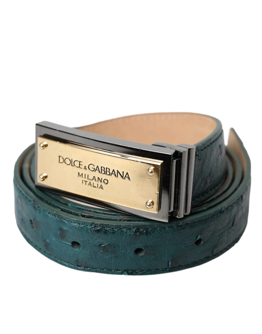 Dolce &amp; Gabbana Green Leather Gold Logo Engraved Buckle Belt