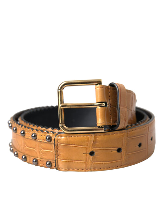 Dolce &amp; Gabbana beige alligator leather studded belt with metal buckle