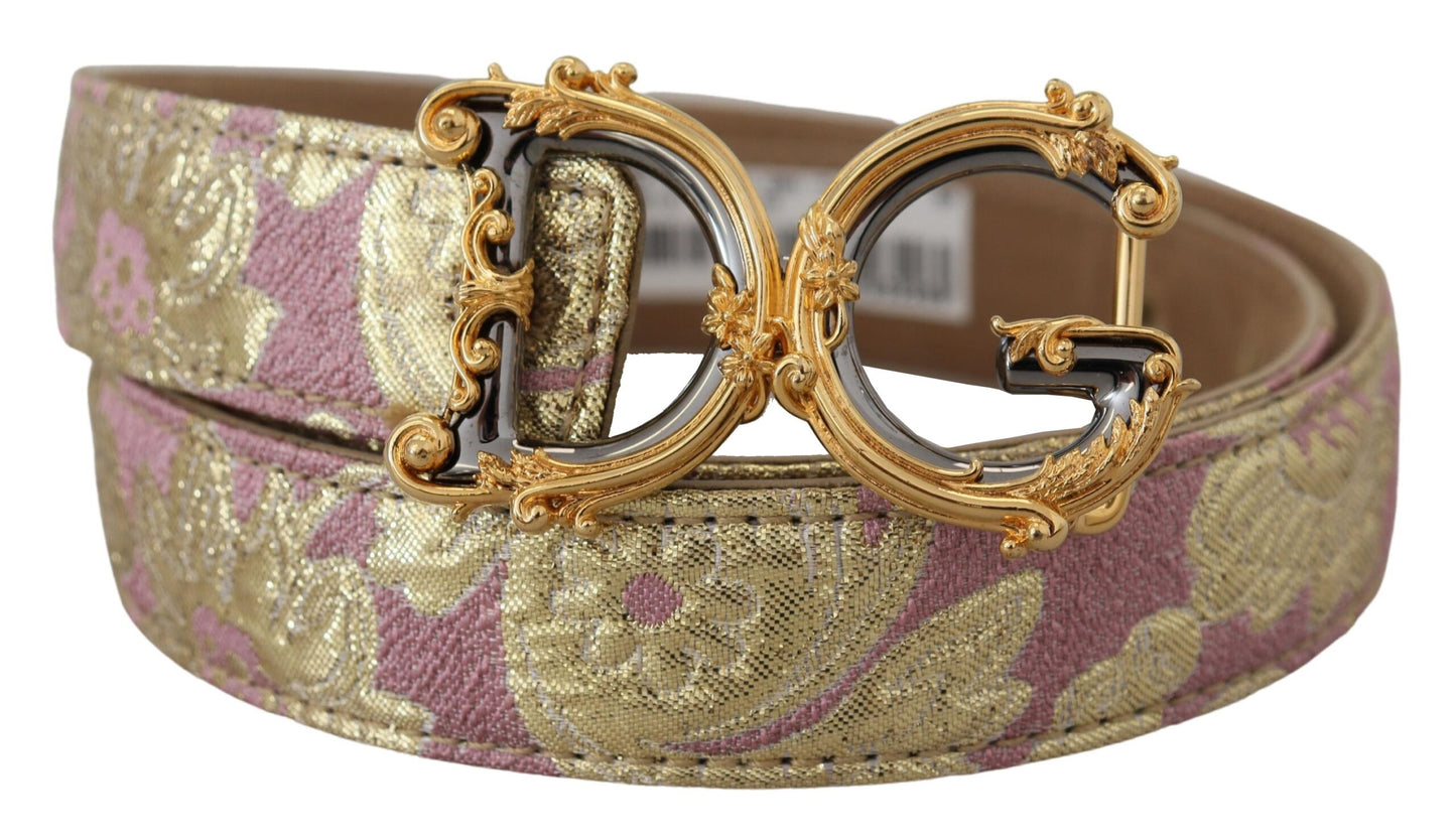 Dolce &amp; Gabbana Pink Jaquard DG Logo Gold Metal Buckle Belt