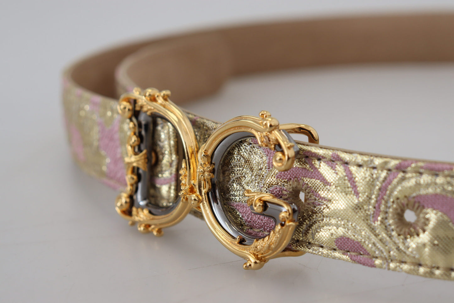 Dolce &amp; Gabbana Pink Jaquard DG Logo Gold Metal Buckle Belt