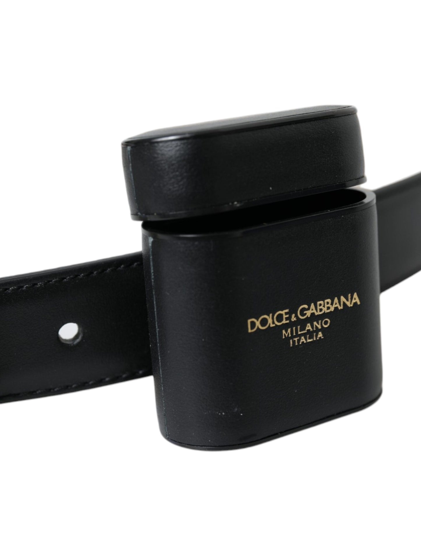 Dolce &amp; Gabbana Black Leather Airpods Case Silver Buckle Belt