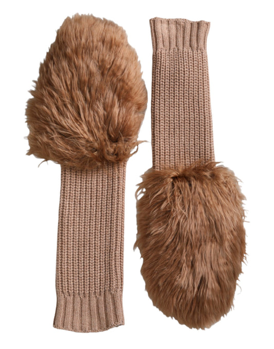 Dolce &amp; Gabbana Brown Cashmere Knit Fur Mid-Sleeve Mittens