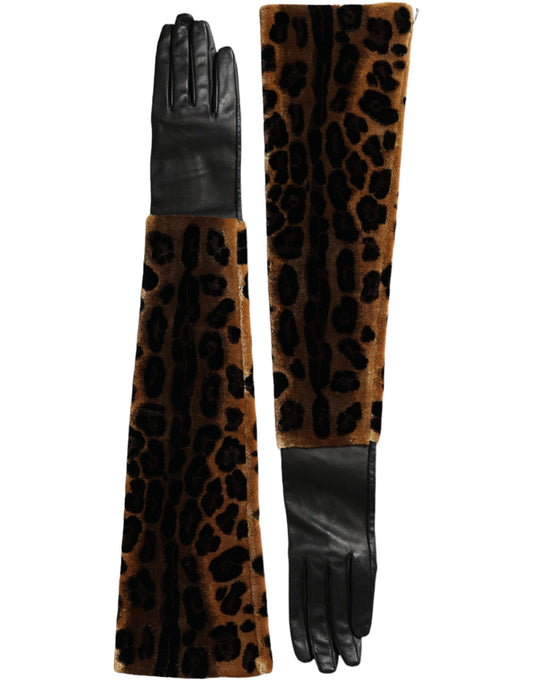 Dolce & Gabbana Braun Schwarz Leopard Leder Ellenbogenlange Handschuhe