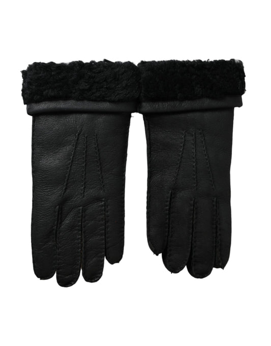 Dolce &amp; Gabbana Black Leather Fur Gloves for Short Hands