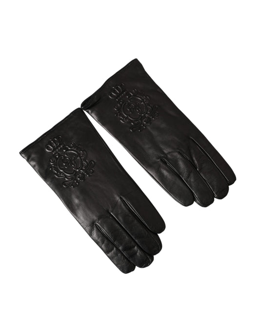 Dolce &amp; Gabbana Black leather gloves with embossed logo for short hands