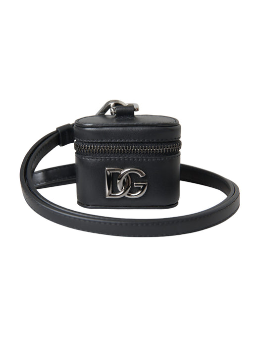 Dolce &amp; Gabbana Black DG Logo Leather Silver Metal Airpods Case