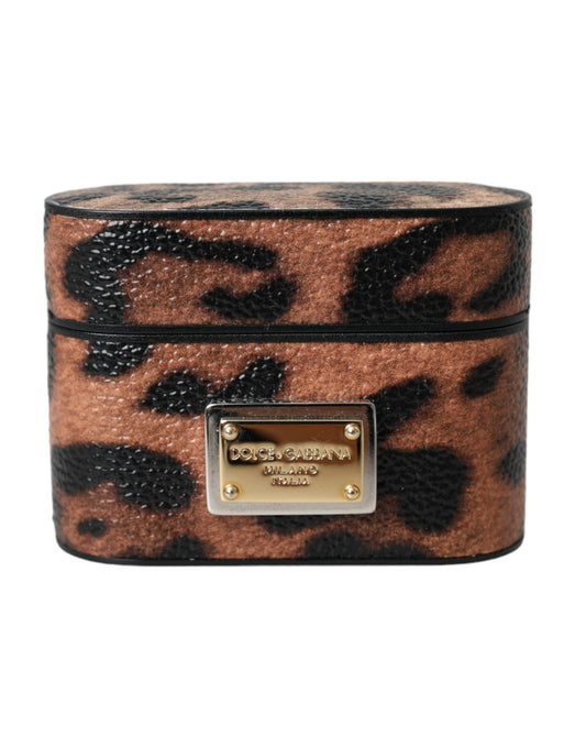 Dolce &amp; Gabbana Brown Leopard Calfskin Logo Plaque Airpods -kotelo