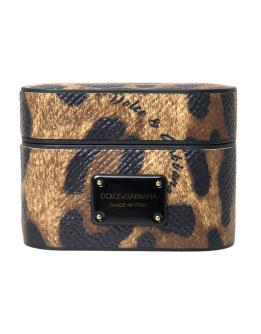 Dolce &amp; Gabbana Brown Leopard Calf Leather Metal Logo Plaque Airpods -kotelo