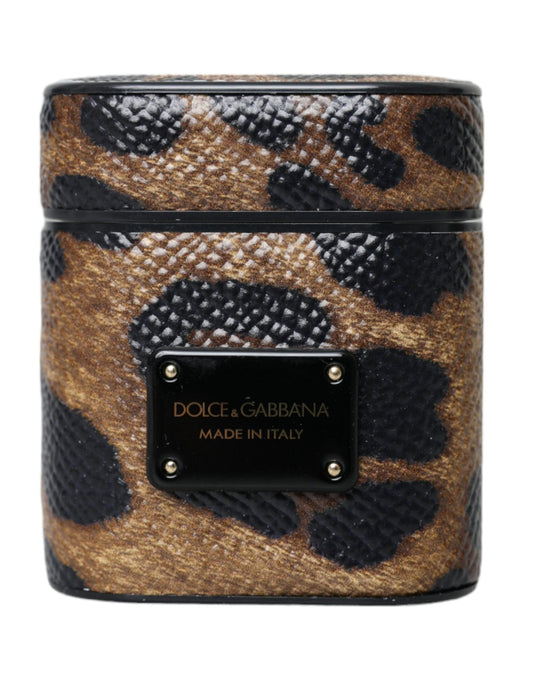 Dolce &amp; Gabbana Brown Leopard Calf Leather Metal Logo Plaque Airpods -kotelo