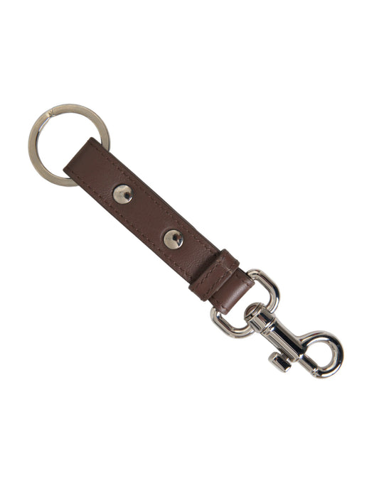 Dolce &amp; Gabbana Brown Plain Leather Silver Brass Keyring Keychain