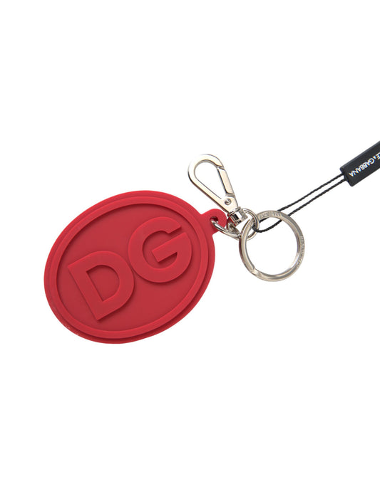 Dolce &amp; Gabbana Red Rubber DG Logo Silver Brass Metal Keyring Keychain