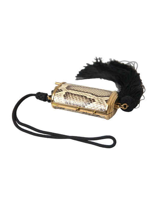 Dolce &amp; Gabbana Beige Exotic Leather Mini Mirror Tassel Make Up Bag