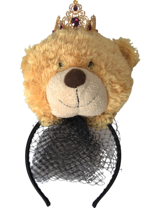 Dolce &amp; Gabbana Brown Teddy Bear Gold Crystal Crown Headband Tiara