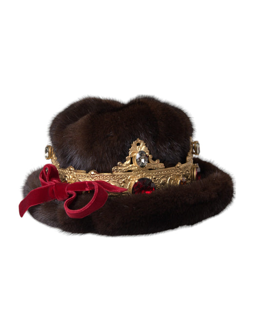 Dolce &amp; Gabbana tummanruskea minkkiturkista kultainen Crystal Crown Hat