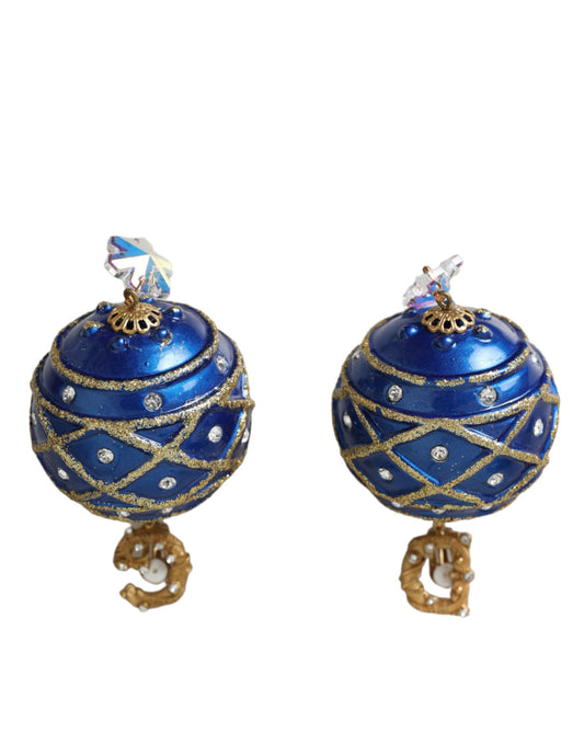 Dolce &amp; Gabbana Gold Brass Blue Dangle Christmas Ball Crystal Clip on korvakorut