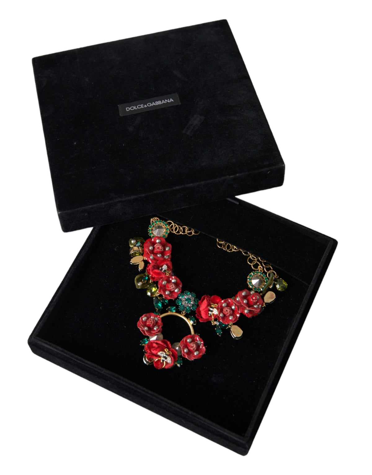 Dolce &amp; Gabbana Gold Brass Link Chain RosePetal Crystal Pendant Necklace