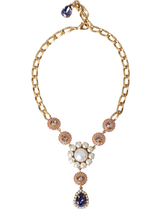 Dolce &amp; Gabbana Gold Brass Crystal Purple Pearl Riipus kaulakoru