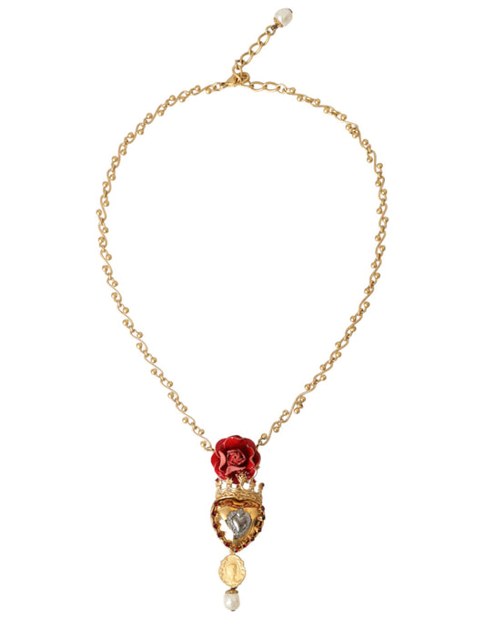 Dolce &amp; Gabbana Gold Brass Chain Sacred Heart Rose Crystal Charm Necklace