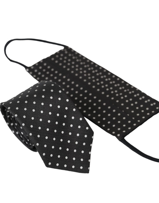 Dolce &amp; Gabbana Black White Polka Dots 100% Silk Tie Face Mask