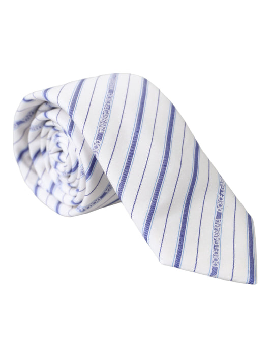 Dolce &amp; Gabbana White-Blue Striped Silk Tie Adjustable