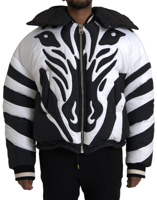 Dolce &amp; Gabbana Black and White Striped Hooded Puffer Jacket