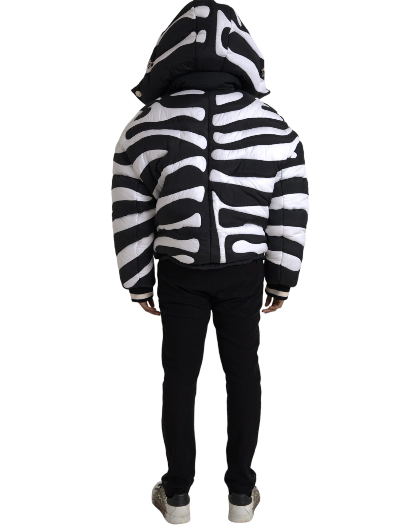 Dolce &amp; Gabbana Black and White Striped Hooded Puffer Jacket