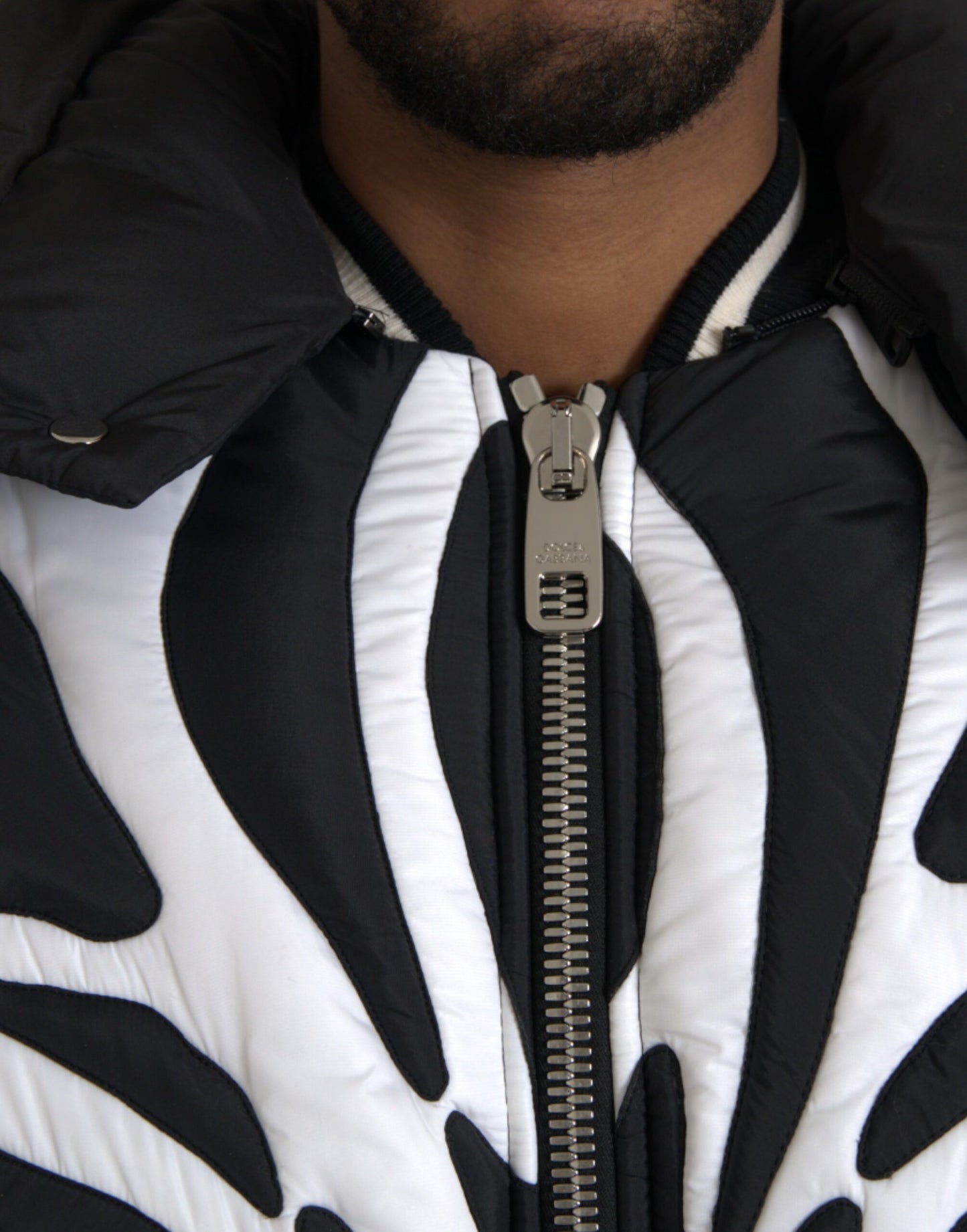 Dolce &amp; Gabbana Black and White Striped Hooded Puffer Jacket