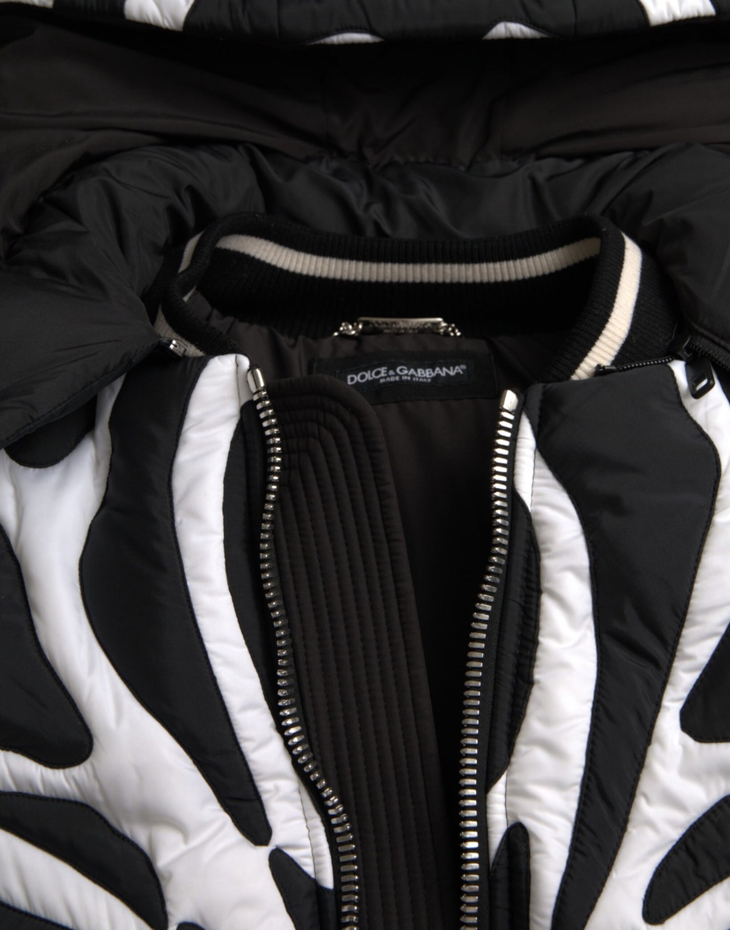 Dolce &amp; Gabbana Black and White Striped Hooded Puffer Jacket