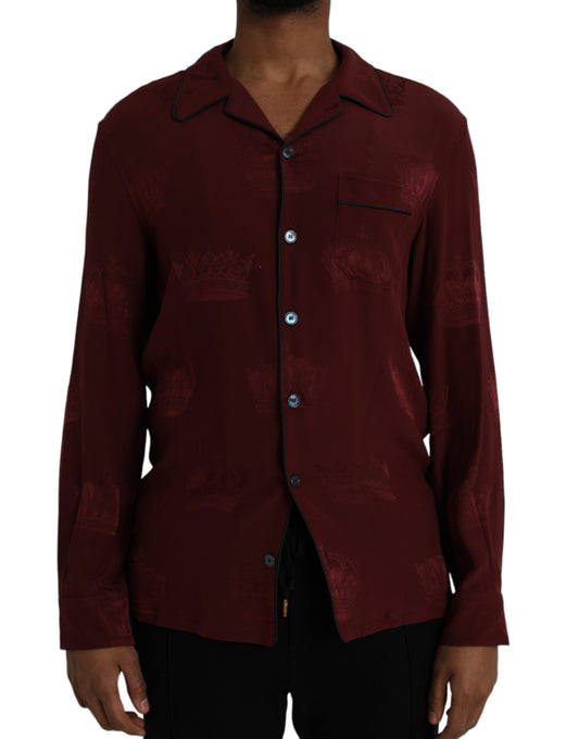 Dolce &amp; Gabbana Maroon Crown Print Silk Long Sleeve Jacquard Shirt