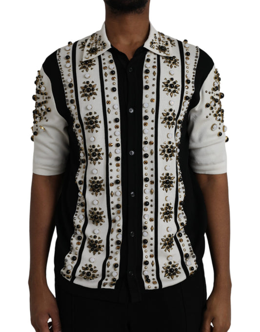 Dolce &amp; Gabbana White Black Silk Shirt with Studs and Stone Crystals