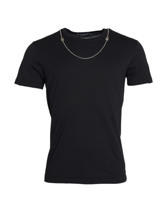 Dolce & Gabbana Schwarzes Baumwoll-Silberketten-T-Shirt mit kurzen Ärmeln