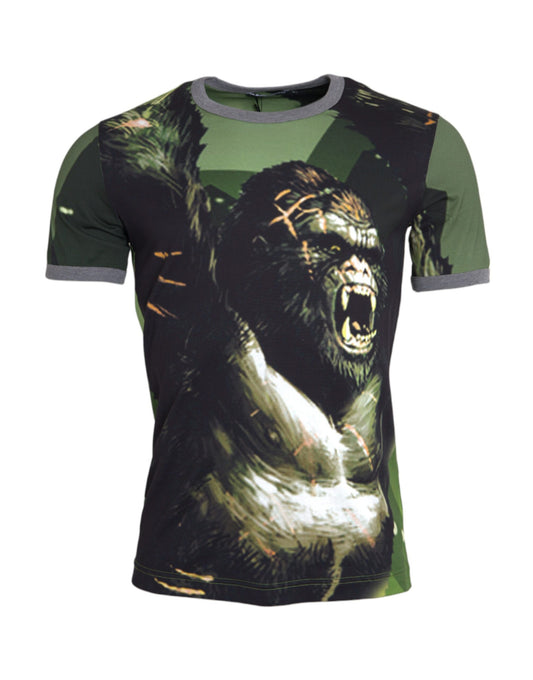 Dolce & Gabbana Grünes Gorilla-Baumwoll-T-Shirt mit kurzen Ärmeln