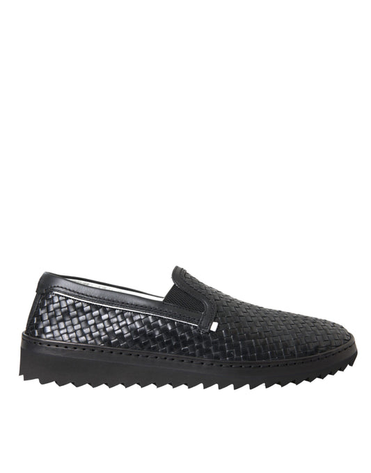 Dolce &amp; Gabbana Black Woven Buffalo Leather Men's Loafers Shoes