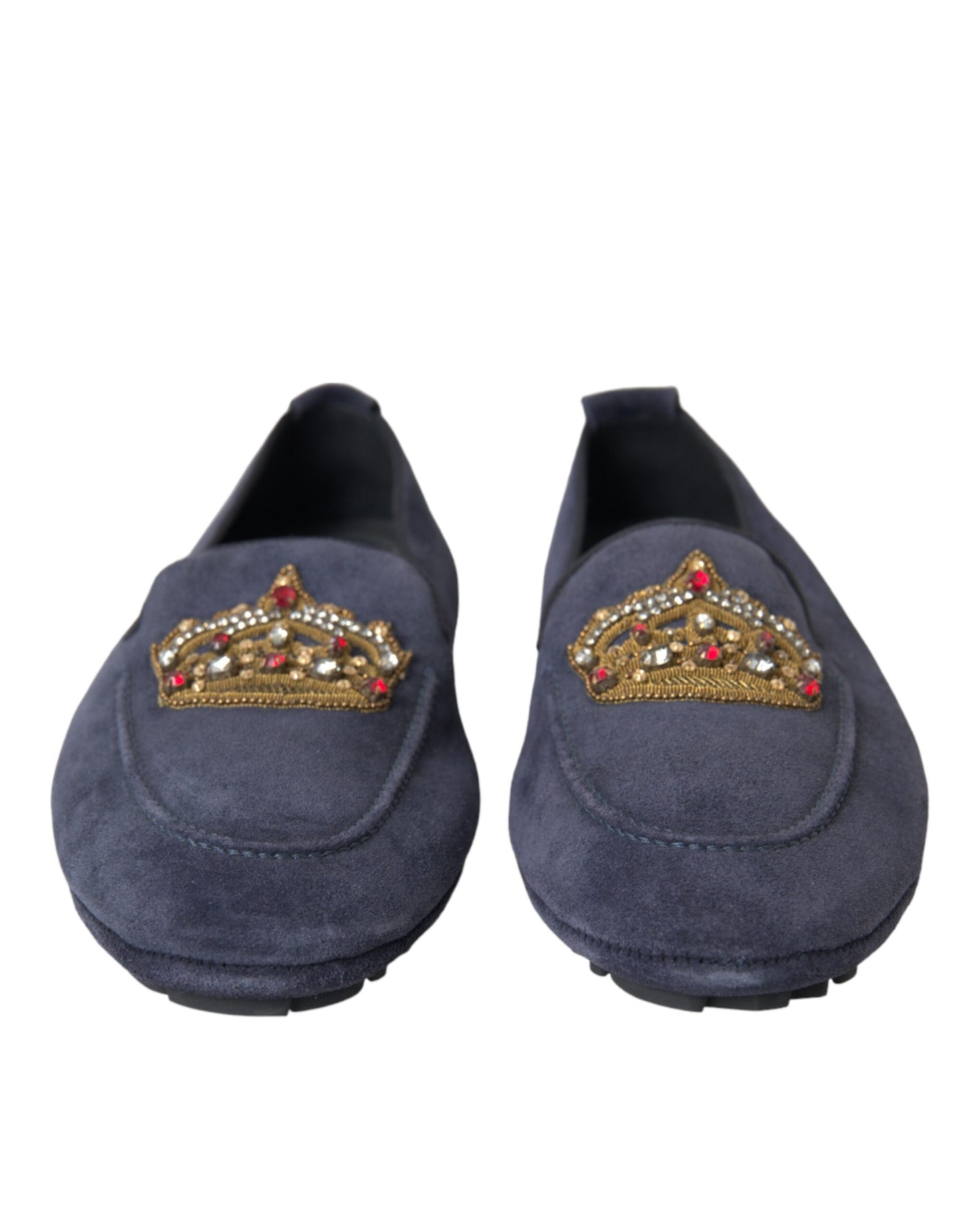 Dolce & Gabbana Blaue Leder Wildleder Crystal Crown Loafers Schuhe