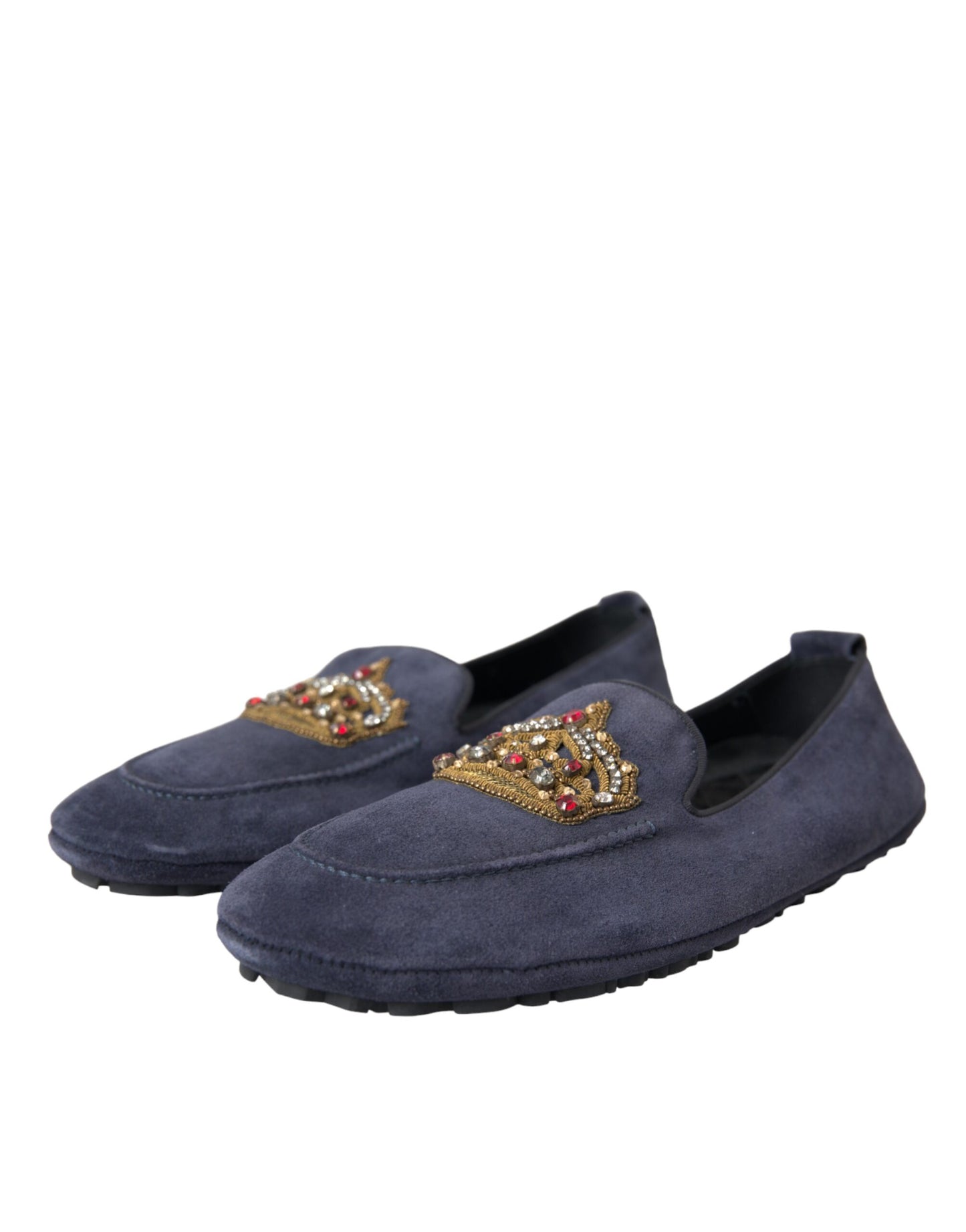 Dolce & Gabbana Blaue Leder Wildleder Crystal Crown Loafers Schuhe