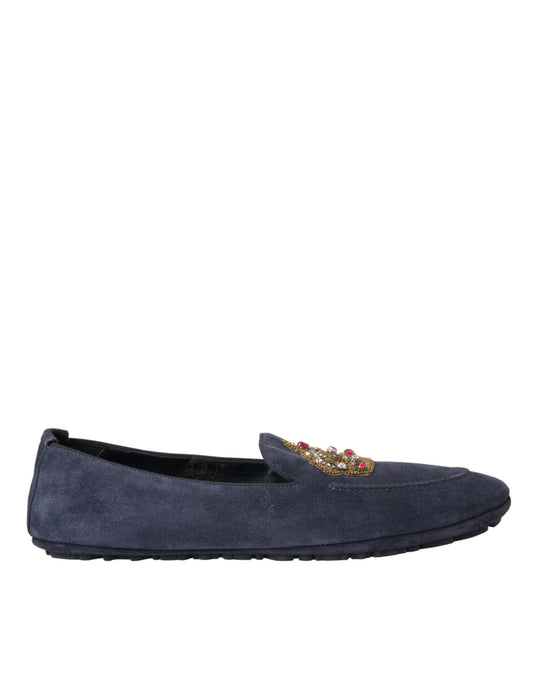 Dolce &amp; Gabbana Blue Leather Suede Crystal Crown Loafers -kengät