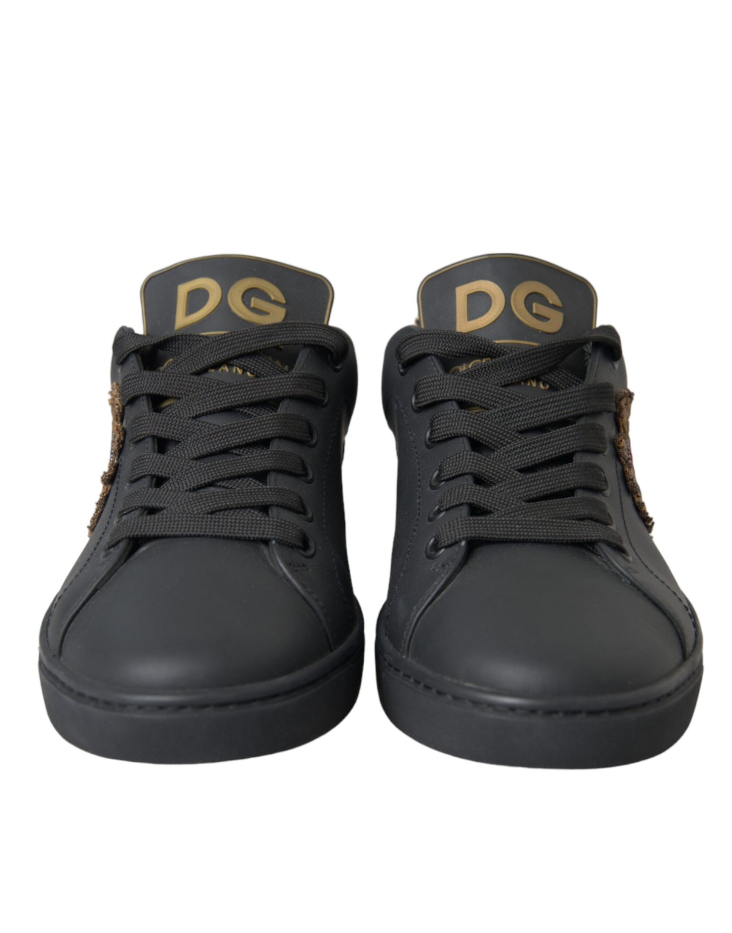 Dolce &amp; Gabbana Black Leather Heart Embellished Sneakers Shoes