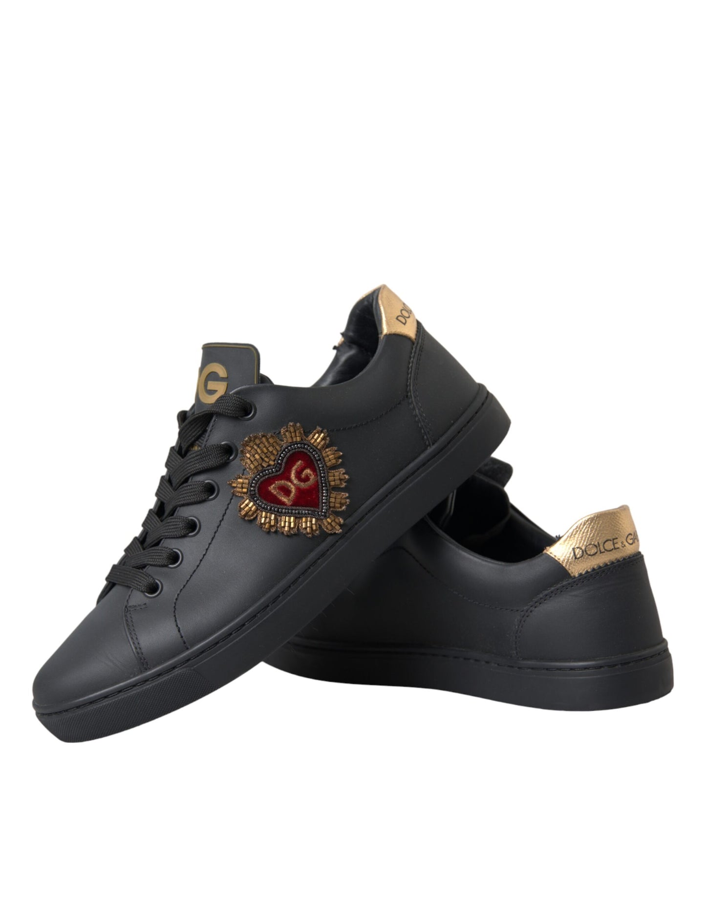 Dolce &amp; Gabbana Black Leather Heart Embellished Sneakers Shoes